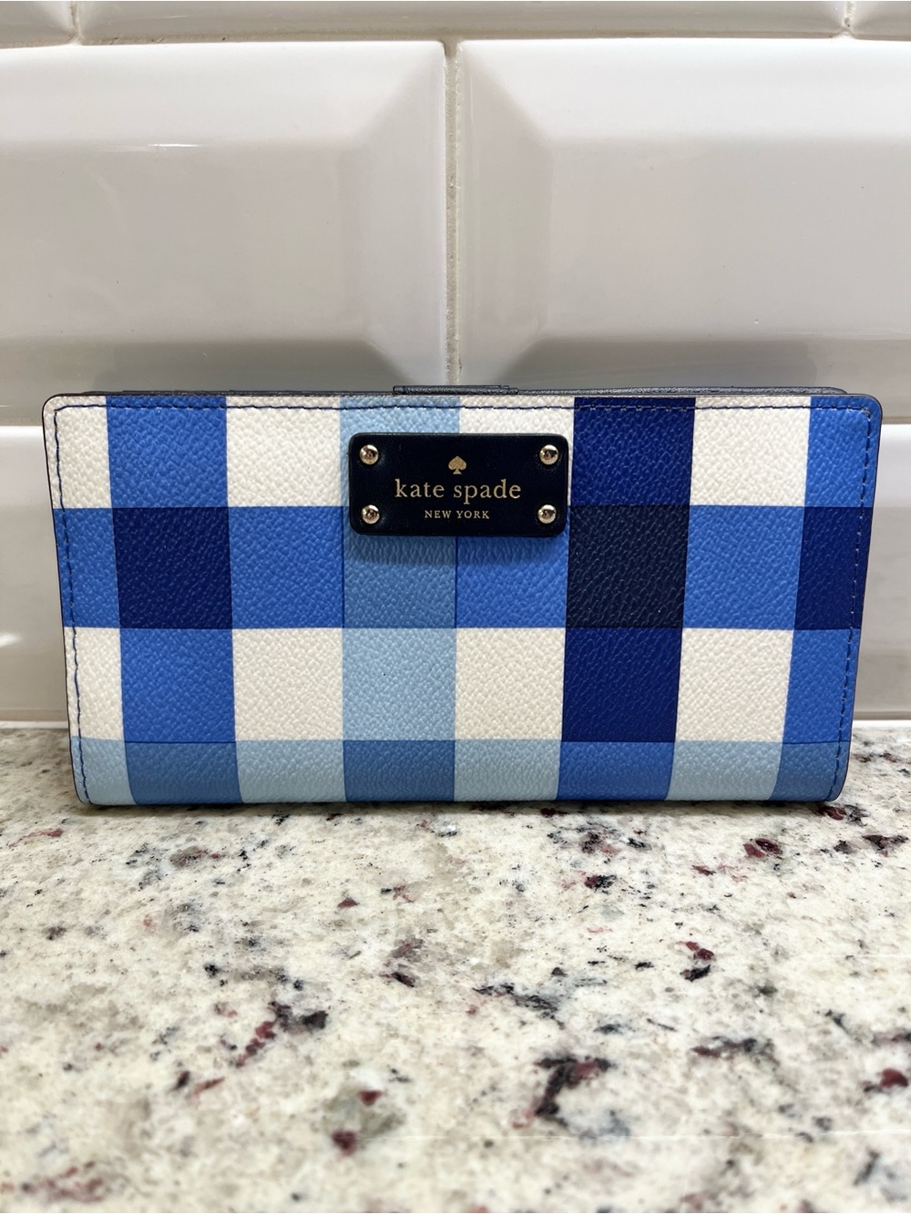 Kate Spade Blue Gingham Check Cameron Grove Street Long Wallet EUC